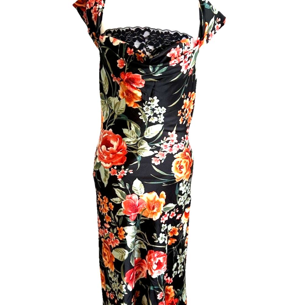 vtg 90s satin floral Asian dress pinup glam Asymmetric Lace Roses Witchy m